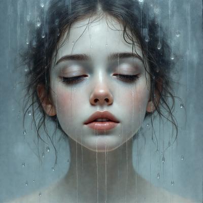 The primary subject of the image is a woman with wet hair, looking upward. She is the main focus of the image. The setting is a rainy day, as evidenced by the rain drops on her face and the surrounding environment. The visual style is a digital art or illustration, with the woman's face being the main subject. The colors and mood of the image are predominantly dark and moody, with the rain drops adding a sense of wetness and introspection to the scene.